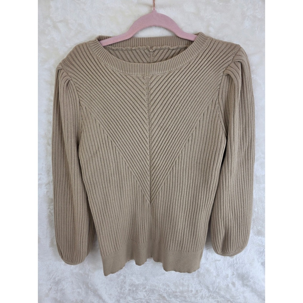 Dark Khaki Ribbed Puff Shoulder Knit Sweater Crewneck Chevron Pattern D4L070 L